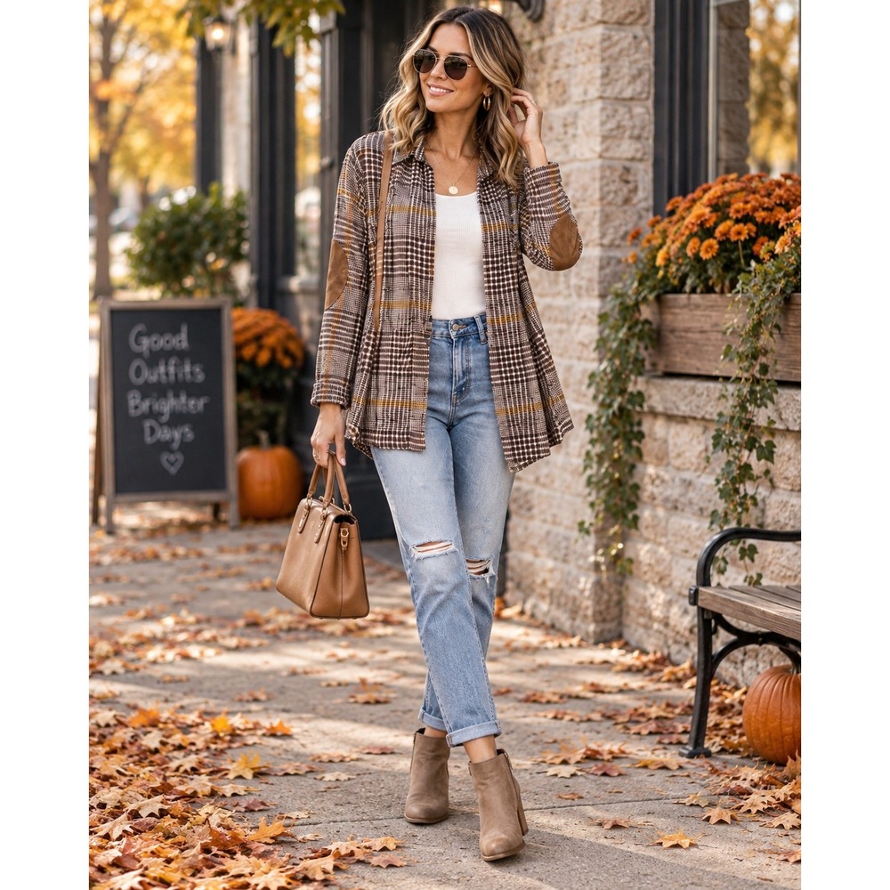 Women's Large Brown Plaid Cardigan Elbow Patch Heritage Preppy Academia Cotton